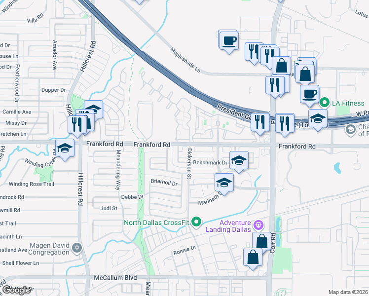 map of restaurants, bars, coffee shops, grocery stores, and more near 7412 Hour Glass Circle in Dallas
