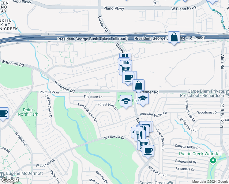 map of restaurants, bars, coffee shops, grocery stores, and more near 807 West Renner Road in Richardson