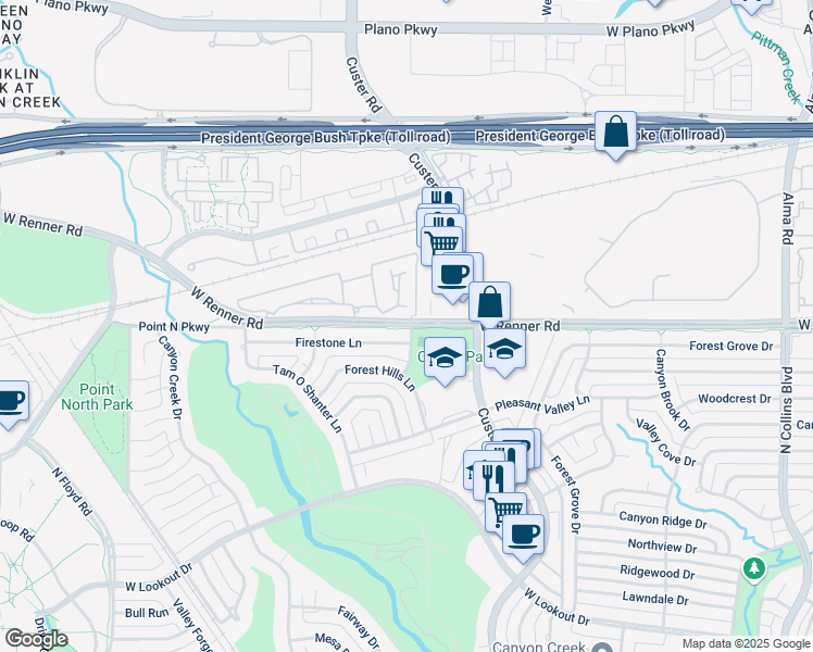 map of restaurants, bars, coffee shops, grocery stores, and more near 805 West Renner Road in Richardson