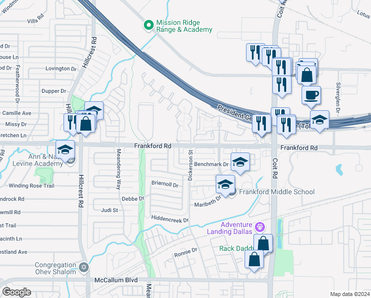 map of restaurants, bars, coffee shops, grocery stores, and more near 7412 Hour Glass Circle in Dallas