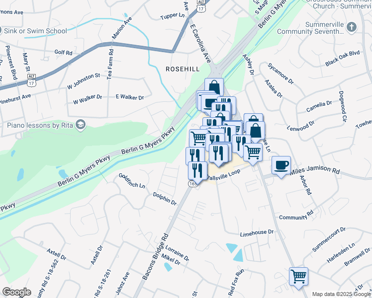 map of restaurants, bars, coffee shops, grocery stores, and more near 118 Hidden Palms Boulevard in Summerville