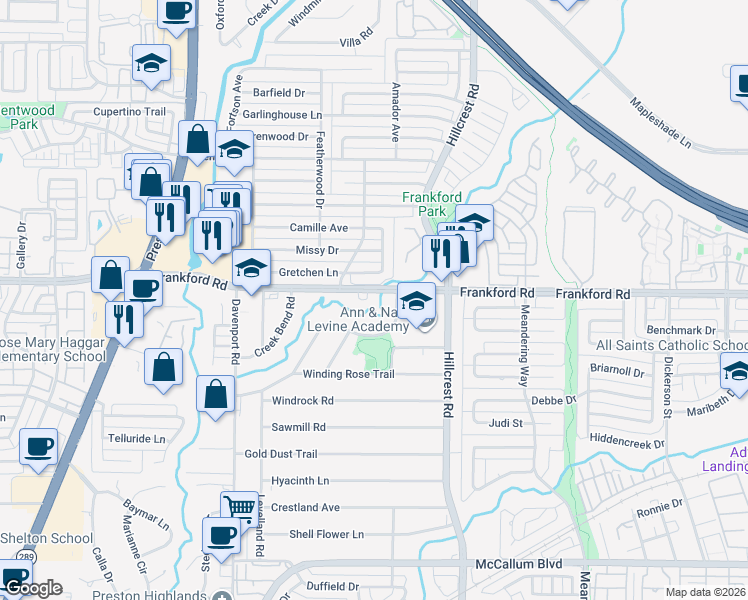 map of restaurants, bars, coffee shops, grocery stores, and more near 6720 Frankford Road in Dallas