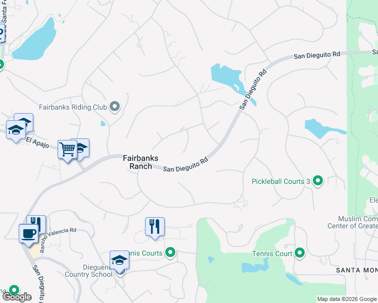 map of restaurants, bars, coffee shops, grocery stores, and more near 6694 Camino Saucito in Rancho Santa Fe