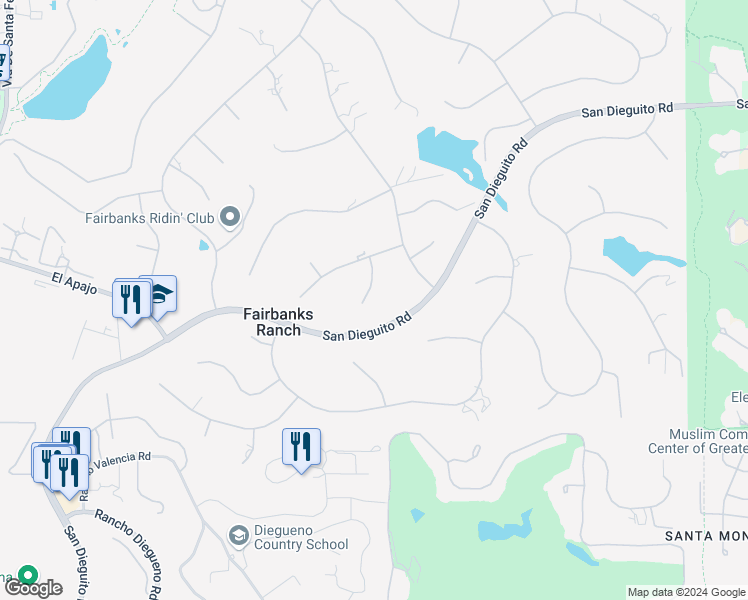 map of restaurants, bars, coffee shops, grocery stores, and more near 6686 Camino Saucito in Rancho Santa Fe