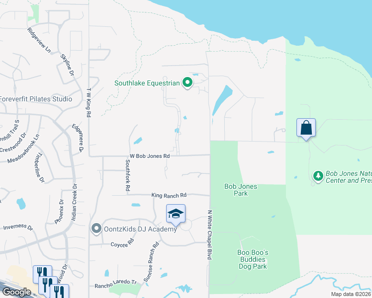 map of restaurants, bars, coffee shops, grocery stores, and more near 350 West Bob Jones Road in Southlake