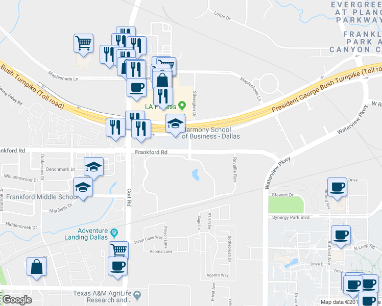 map of restaurants, bars, coffee shops, grocery stores, and more near 8070 Frankford Road in Dallas