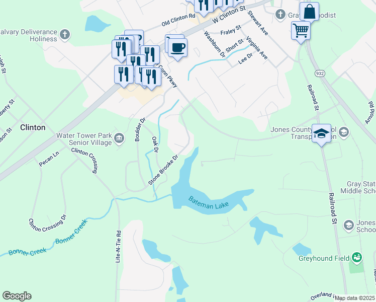 map of restaurants, bars, coffee shops, grocery stores, and more near 151 Stone Brooke Drive in Gray