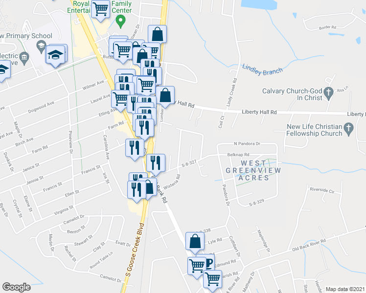 map of restaurants, bars, coffee shops, grocery stores, and more near 112 Wisteria Road in Goose Creek