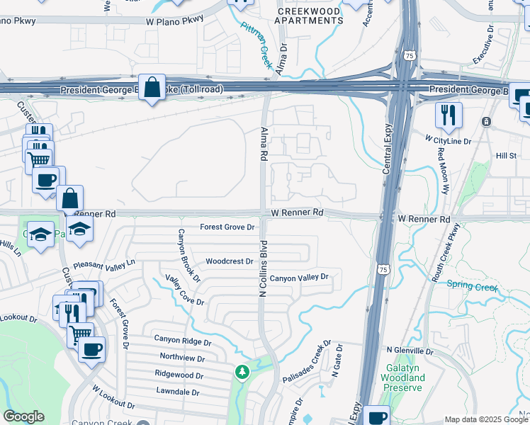 map of restaurants, bars, coffee shops, grocery stores, and more near 300 Forest Grove Drive in Richardson