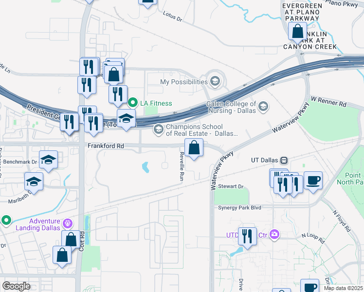 map of restaurants, bars, coffee shops, grocery stores, and more near Reveille Run in Dallas