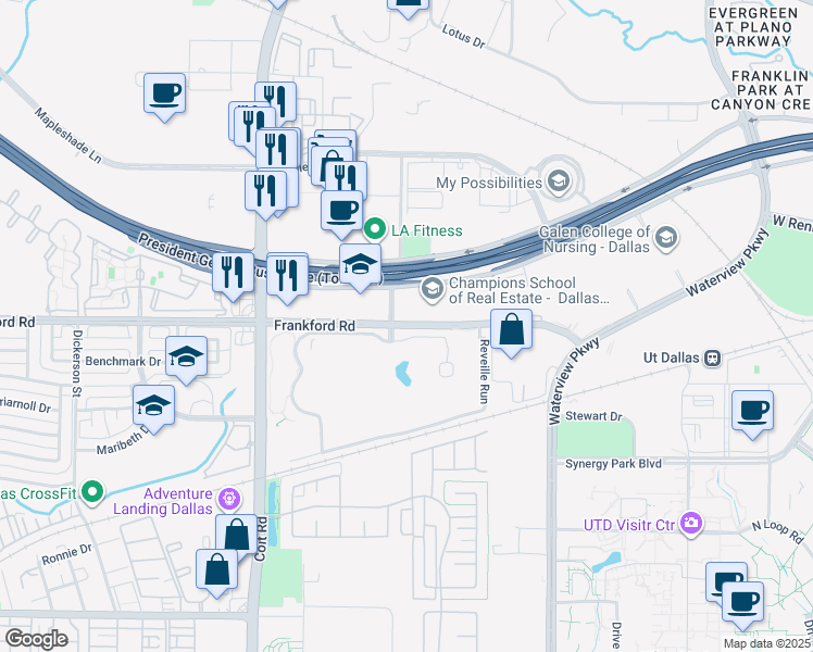 map of restaurants, bars, coffee shops, grocery stores, and more near 8070 Frankford Road in Dallas