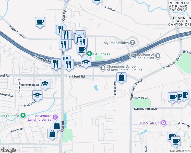 map of restaurants, bars, coffee shops, grocery stores, and more near 8070 Frankford Road in Dallas