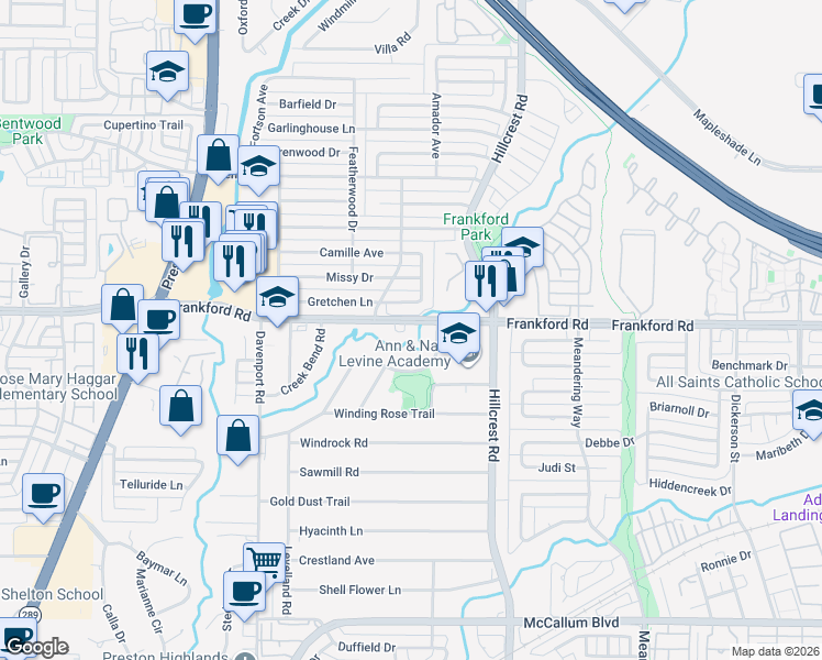 map of restaurants, bars, coffee shops, grocery stores, and more near 6720 Frankford Road in Dallas