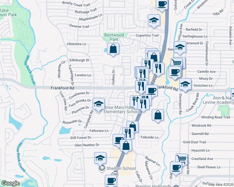 map of restaurants, bars, coffee shops, grocery stores, and more near 5901-5949 Rosebud Drive in Dallas