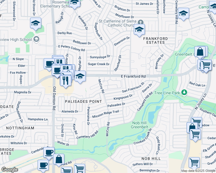 map of restaurants, bars, coffee shops, grocery stores, and more near 1613 San Francisco Street in Carrollton