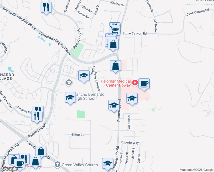 map of restaurants, bars, coffee shops, grocery stores, and more near 12631 Alcacer Del Sol in San Diego