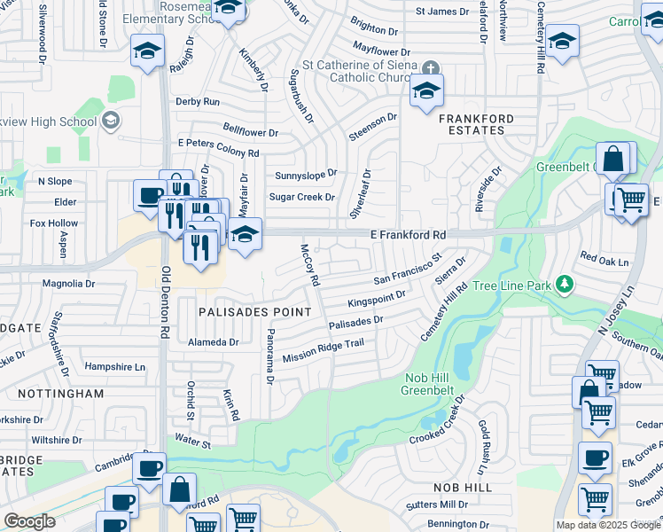 map of restaurants, bars, coffee shops, grocery stores, and more near 1602 East Frankford Road in Carrollton