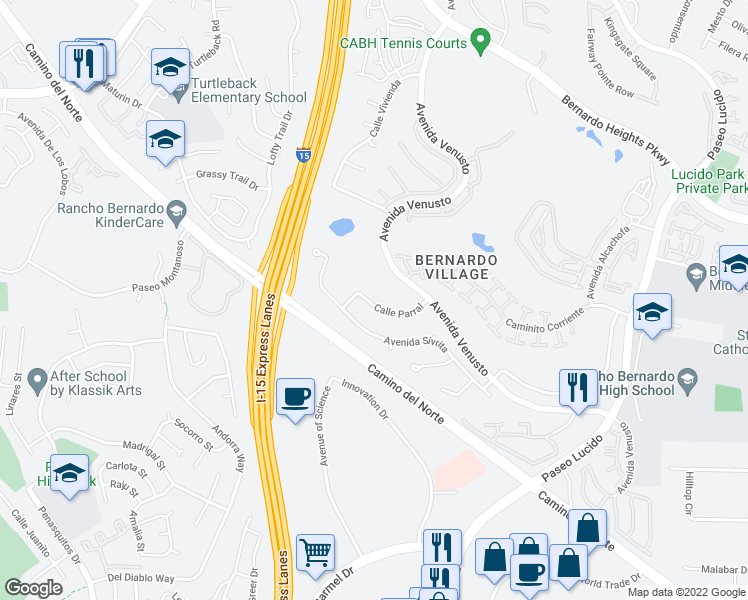map of restaurants, bars, coffee shops, grocery stores, and more near 11864 Calle Parral in San Diego