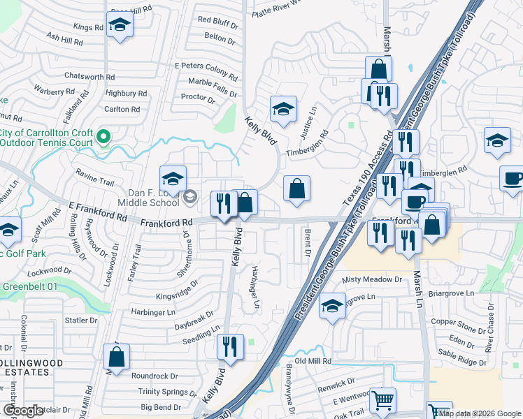 map of restaurants, bars, coffee shops, grocery stores, and more near 18050 Kelly Boulevard in Dallas