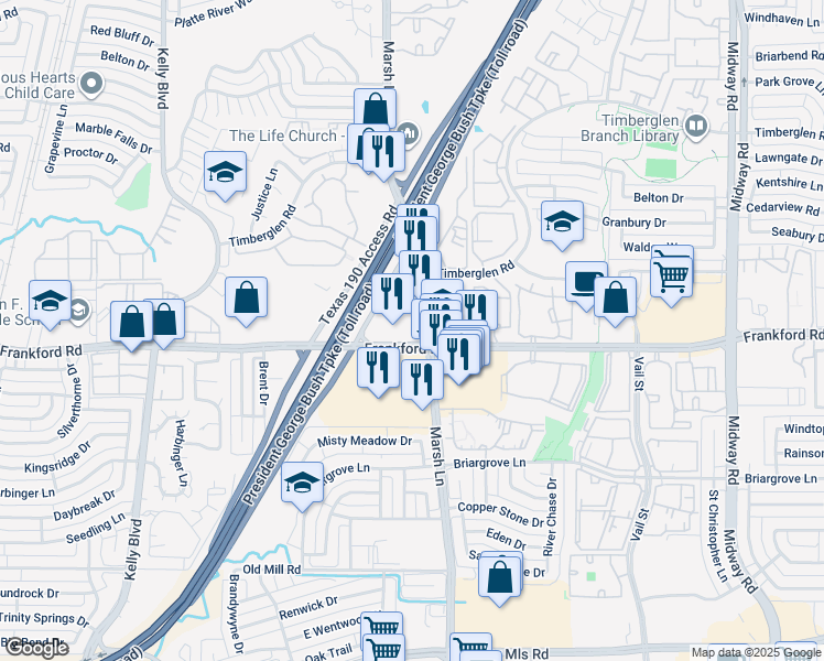 map of restaurants, bars, coffee shops, grocery stores, and more near 18078 Frankford Road in Dallas