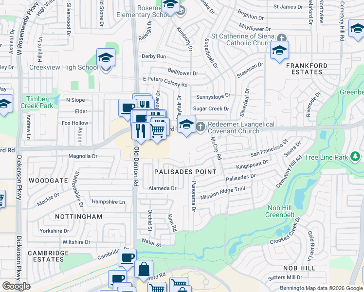 map of restaurants, bars, coffee shops, grocery stores, and more near 1408 Frankford Road East in Carrollton