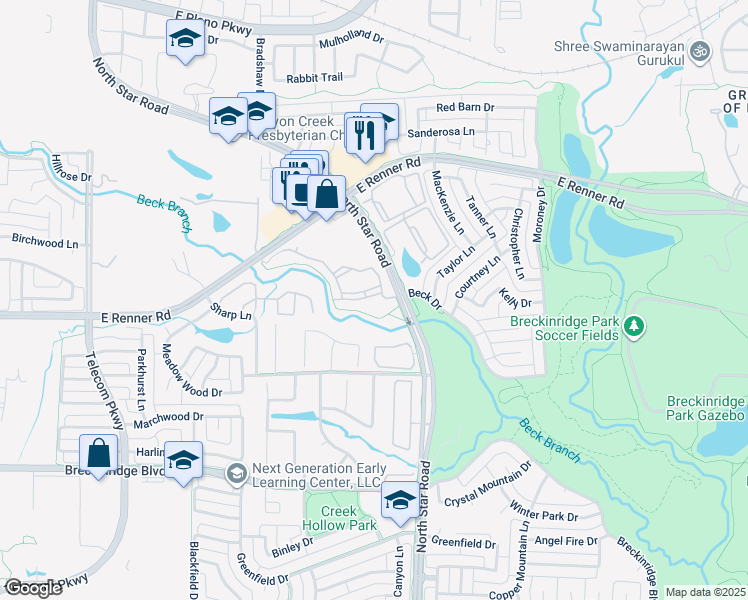 map of restaurants, bars, coffee shops, grocery stores, and more near 4000 East Renner Road in Richardson