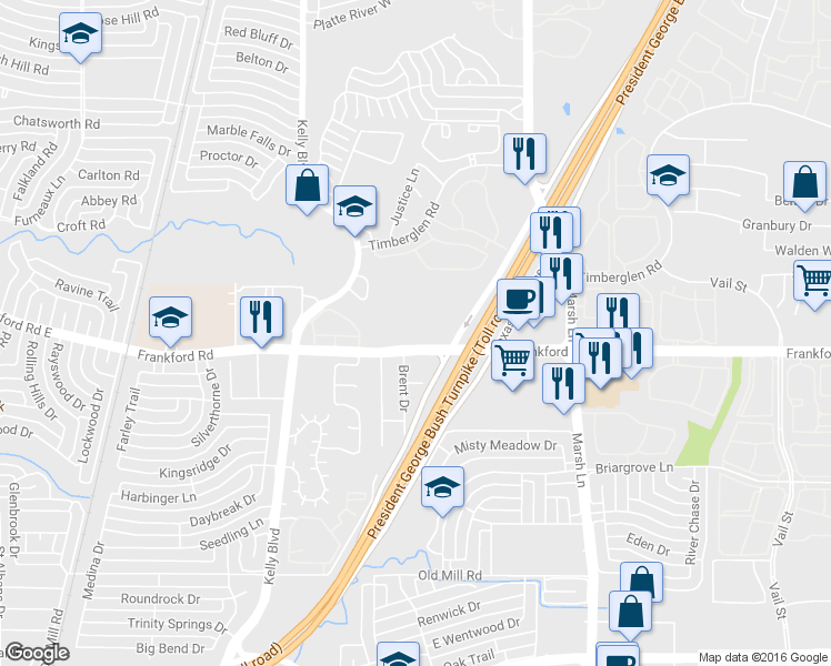 map of restaurants, bars, coffee shops, grocery stores, and more near 3015 Frankford Rd in Dallas