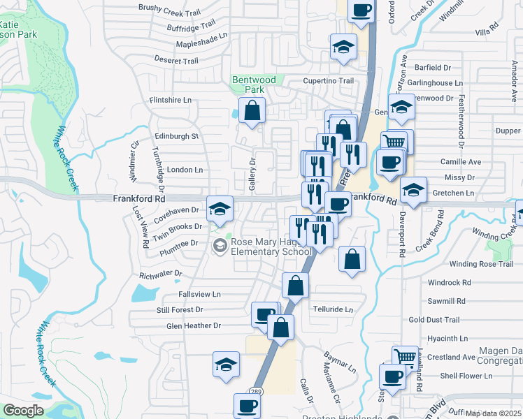 map of restaurants, bars, coffee shops, grocery stores, and more near 18003 Firecrest Court in Dallas