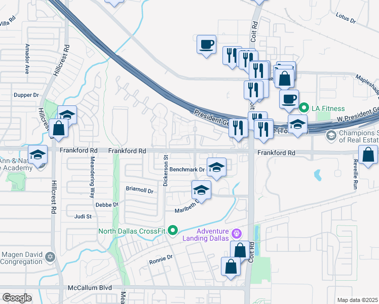 map of restaurants, bars, coffee shops, grocery stores, and more near 7582 Frankford Road in Dallas