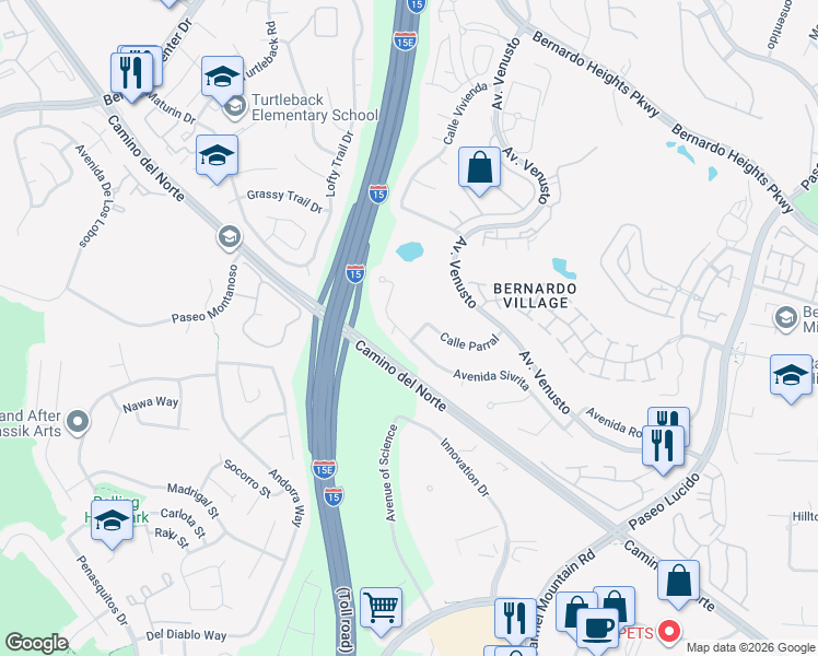 map of restaurants, bars, coffee shops, grocery stores, and more near 11713 Avenida Sivrita in San Diego