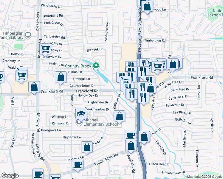 map of restaurants, bars, coffee shops, grocery stores, and more near 4456 Highlander Drive in Dallas