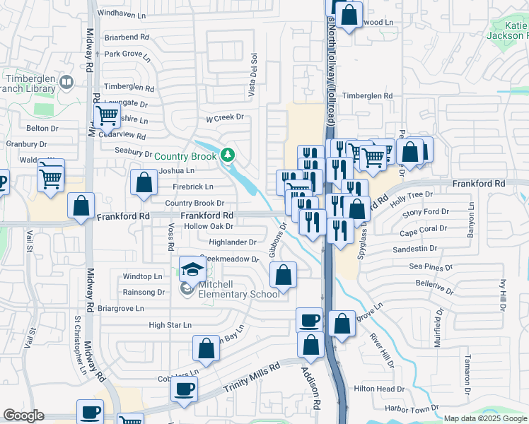map of restaurants, bars, coffee shops, grocery stores, and more near 4451 Frankford Road in Dallas