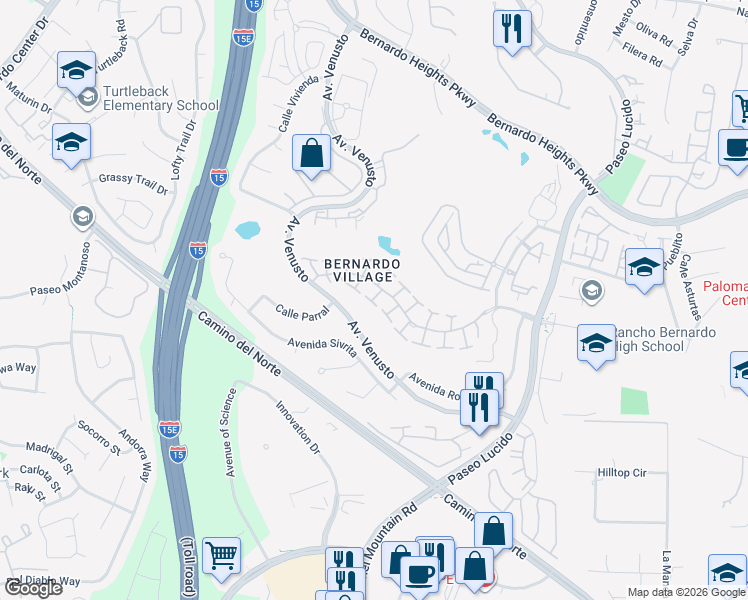map of restaurants, bars, coffee shops, grocery stores, and more near 11697 Caminito Corriente in San Diego