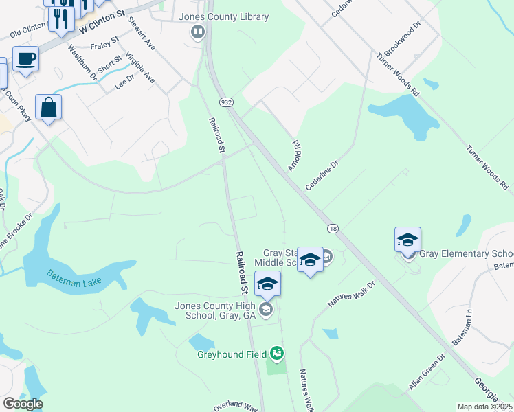 map of restaurants, bars, coffee shops, grocery stores, and more near 273 Railroad Street in Gray