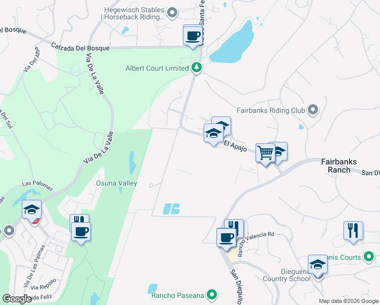 map of restaurants, bars, coffee shops, grocery stores, and more near 6233 El Apajo in Del Mar