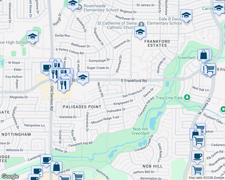 map of restaurants, bars, coffee shops, grocery stores, and more near 1602 East Frankford Road in Carrollton