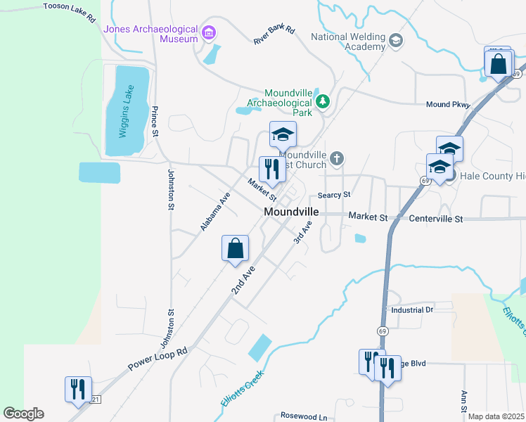 map of restaurants, bars, coffee shops, grocery stores, and more near 298 Griffin Street in Moundville