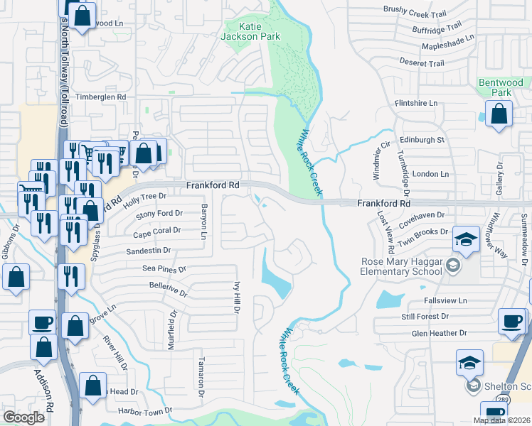 map of restaurants, bars, coffee shops, grocery stores, and more near 4604 Stonehollow Way in Dallas