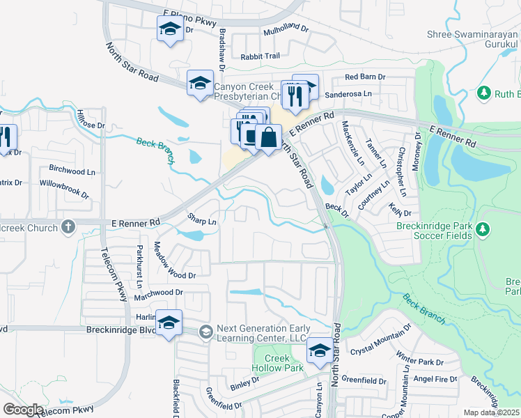 map of restaurants, bars, coffee shops, grocery stores, and more near 4051 Edgewater Court in Richardson