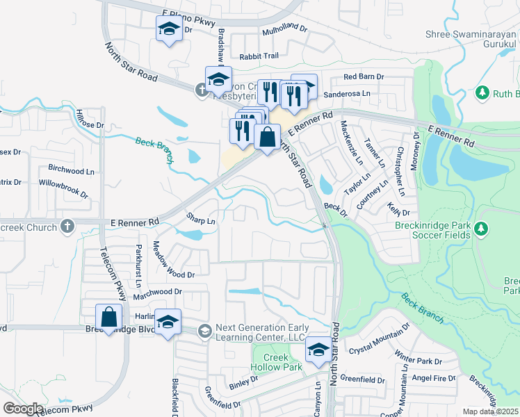 map of restaurants, bars, coffee shops, grocery stores, and more near 4051 Edgewater Court in Richardson