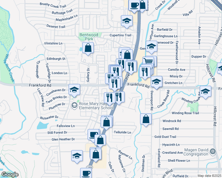 map of restaurants, bars, coffee shops, grocery stores, and more near 17931 Preston Road in Dallas