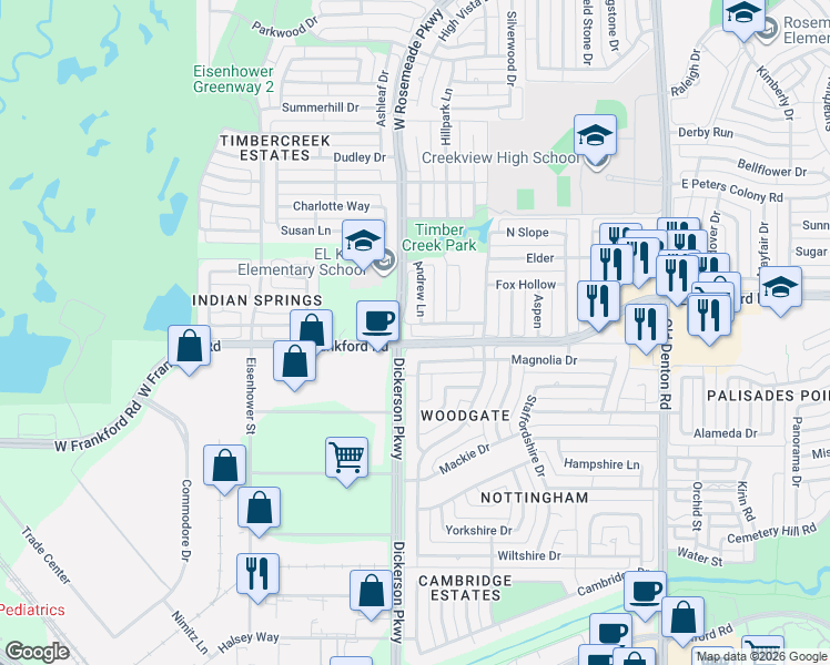map of restaurants, bars, coffee shops, grocery stores, and more near 1220 Magnolia Drive in Carrollton