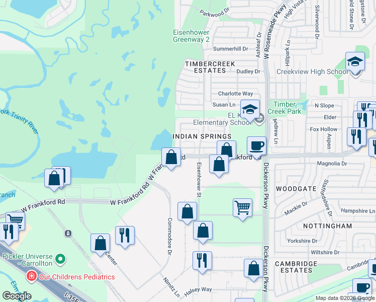 map of restaurants, bars, coffee shops, grocery stores, and more near 2933 Eisenhower Street in Carrollton