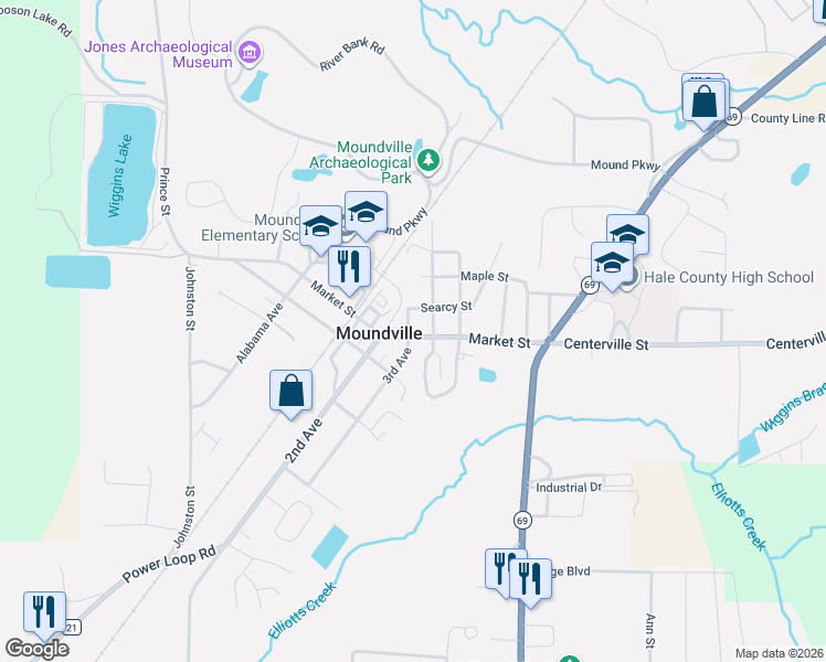 map of restaurants, bars, coffee shops, grocery stores, and more near 296 Market Street in Moundville