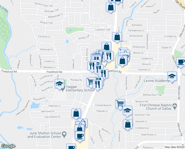 map of restaurants, bars, coffee shops, grocery stores, and more near 6110 Frankford Road in Dallas