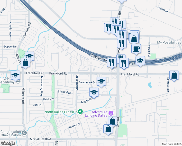 map of restaurants, bars, coffee shops, grocery stores, and more near 7575 Frankford Road in Dallas