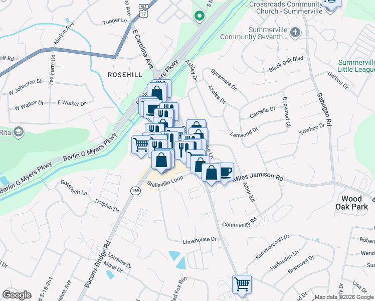 map of restaurants, bars, coffee shops, grocery stores, and more near 76 Old Trolley Road in Summerville