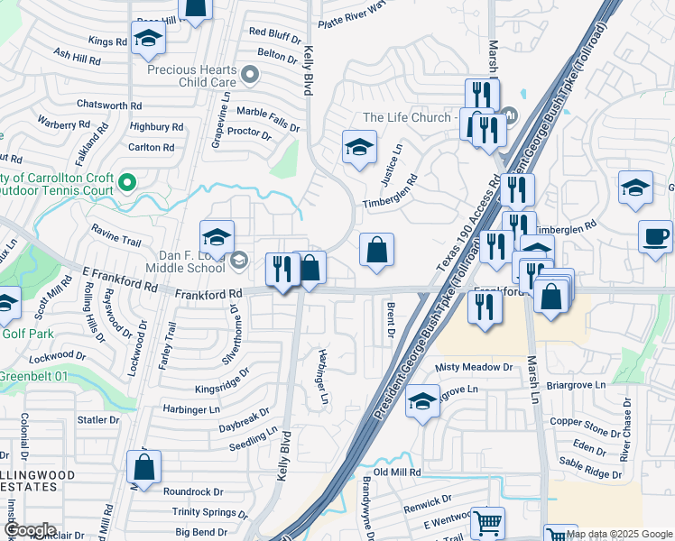map of restaurants, bars, coffee shops, grocery stores, and more near 18062 Kelly Circle in Dallas
