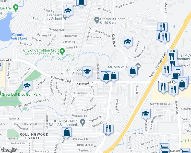 map of restaurants, bars, coffee shops, grocery stores, and more near 4912 Haverwood Lane in Dallas