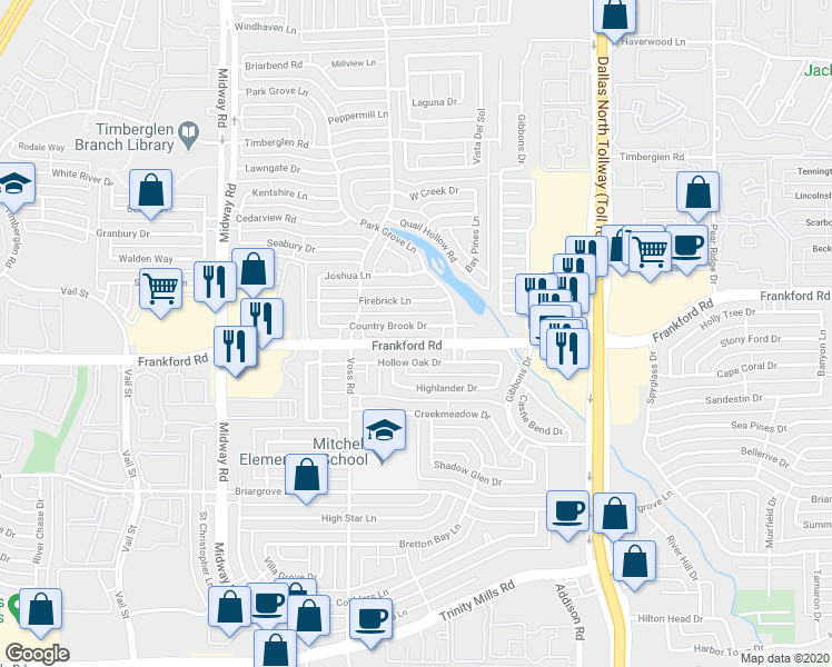 map of restaurants, bars, coffee shops, grocery stores, and more near 4308 Country Brook Drive in Dallas